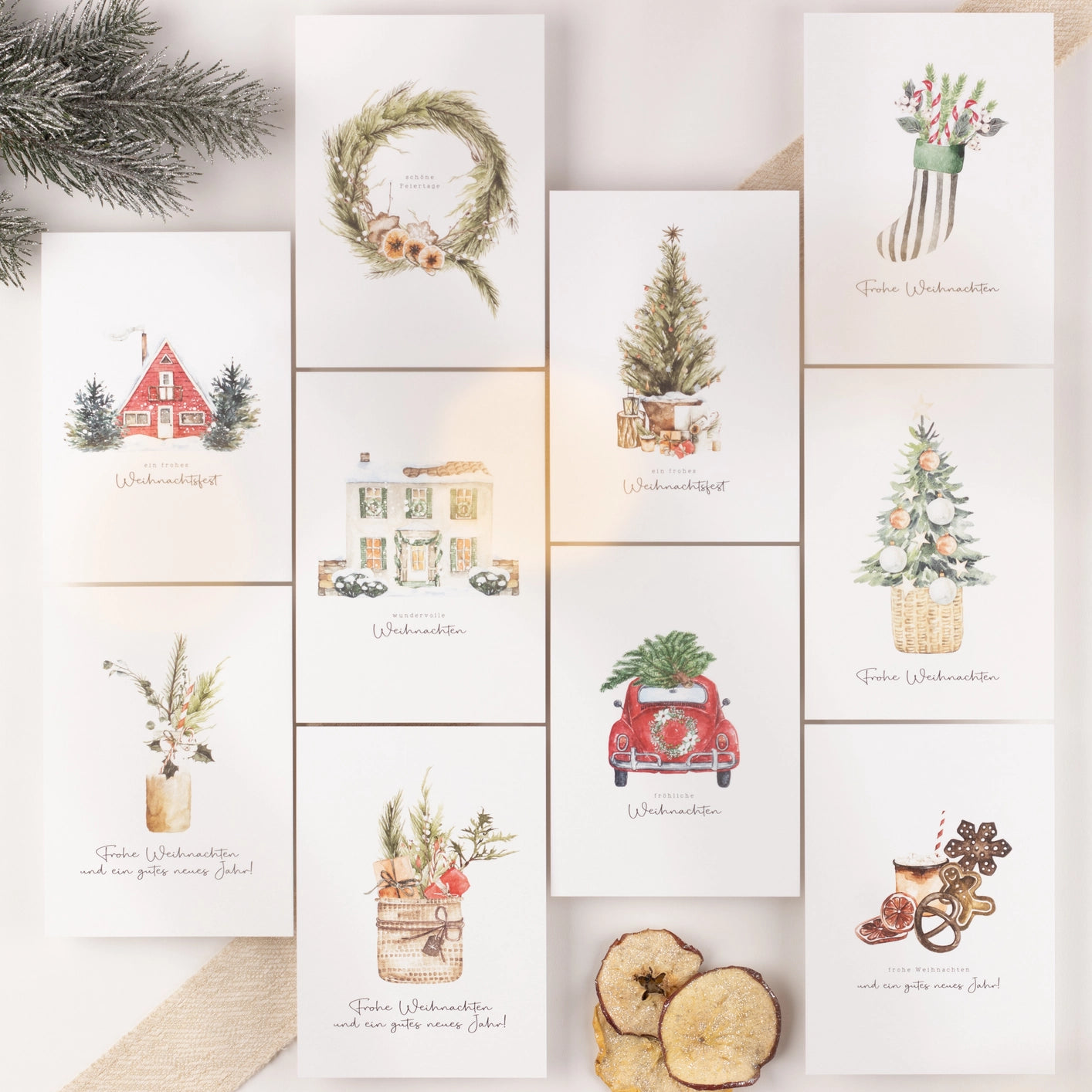 10 kerstkaarten Boho aquarelset, getextureerd papier