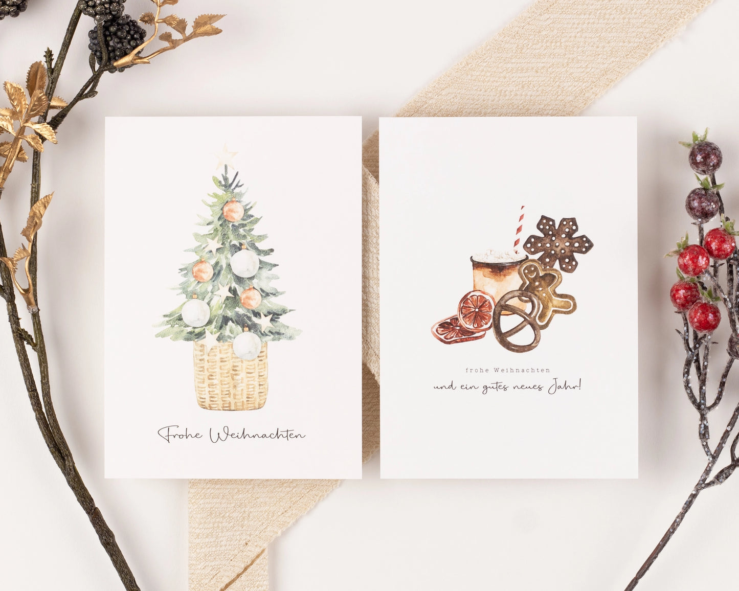 10 kerstkaarten Boho aquarelset, getextureerd papier