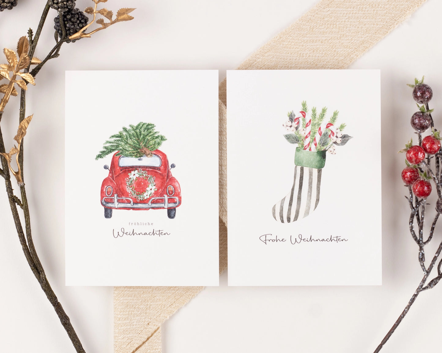 10 kerstkaarten Boho aquarelset, getextureerd papier