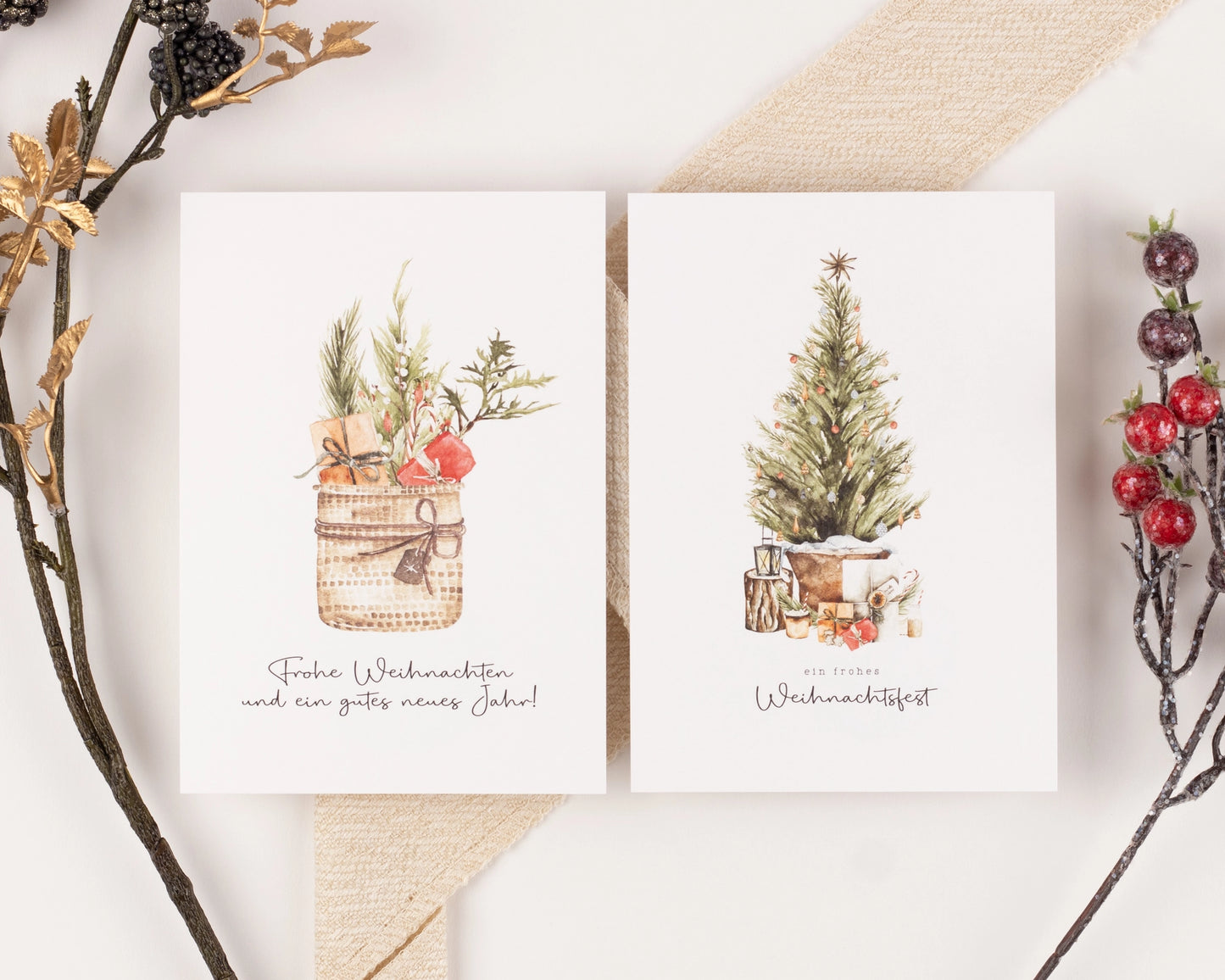 10 kerstkaarten Boho aquarelset, getextureerd papier