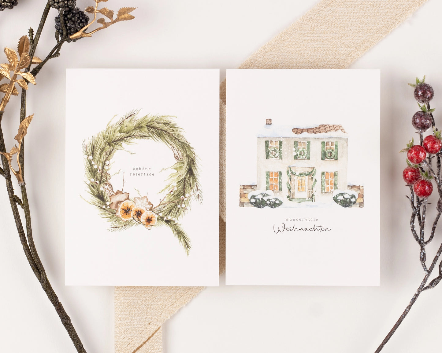 10 kerstkaarten Boho aquarelset, getextureerd papier