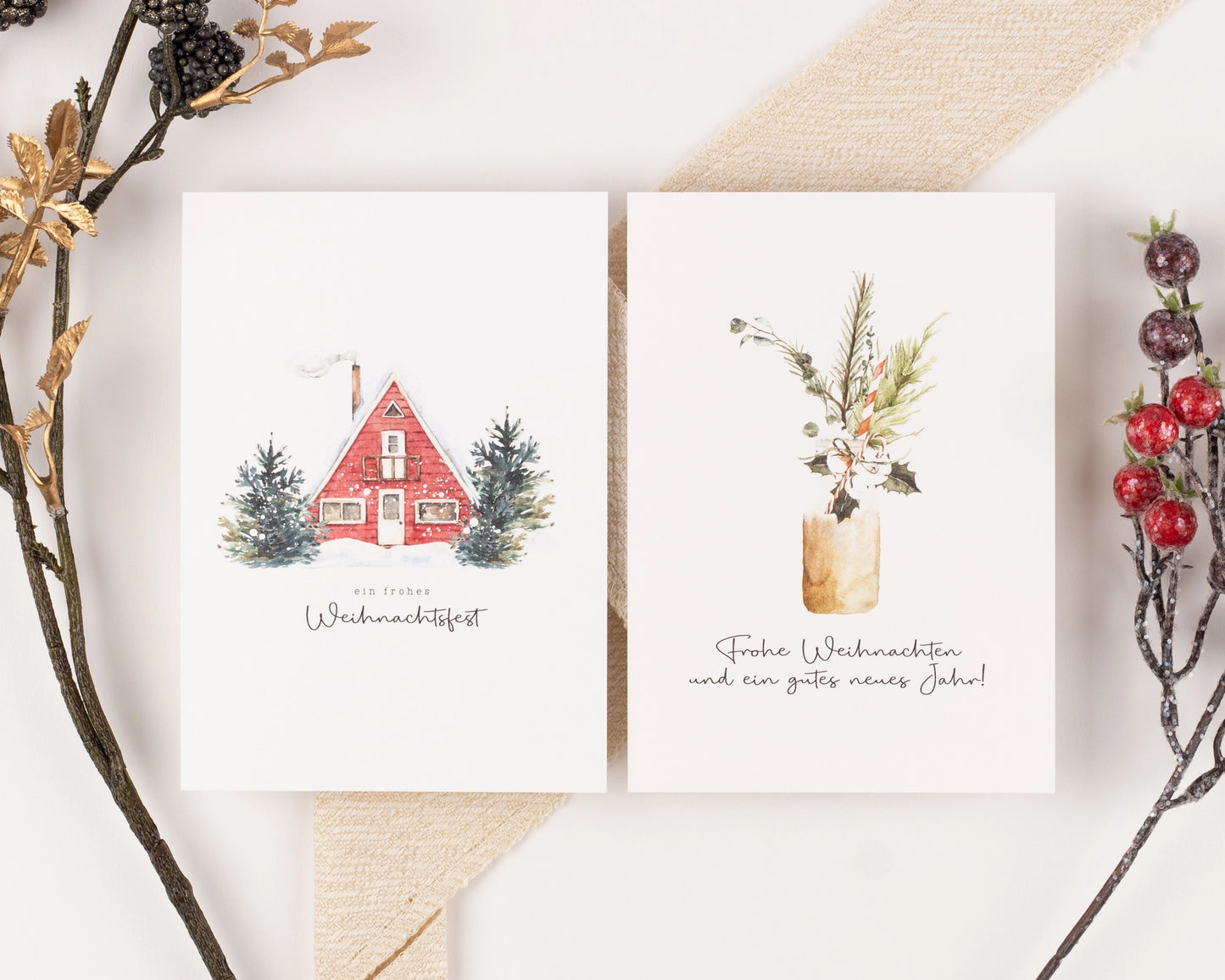 10 kerstkaarten Boho aquarelset, getextureerd papier